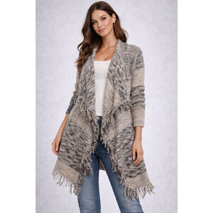 Knox Rose Womens Open Cardigan Gray Beige Boho Waterfall Fringe Ribbed Cuffs 1X